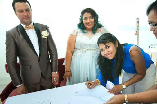 Natasha and Adrian's beach club wedding on the O2 Beach Club wooden deck in Chalong, 21 October 2015
