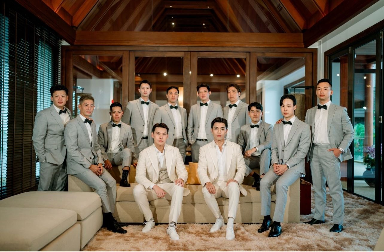 Andrew and Nelson with their groomsmen at Villa Aye on 11 November 2023