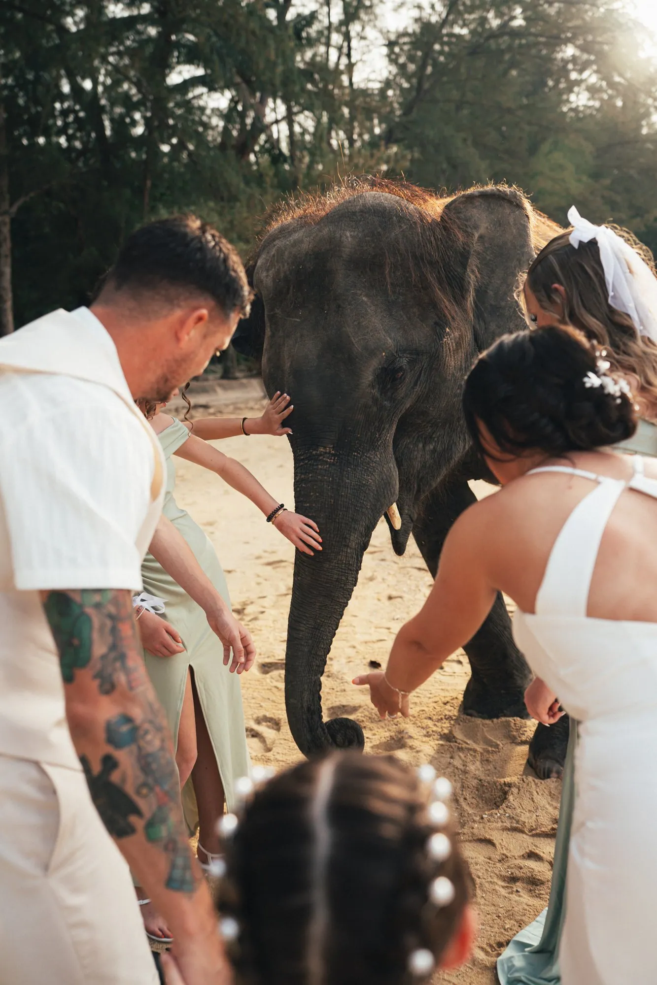 Jade in her wedding dress with pearls in her hair standing close to a young elephant on Hua Beach, one hand gently on its trunk