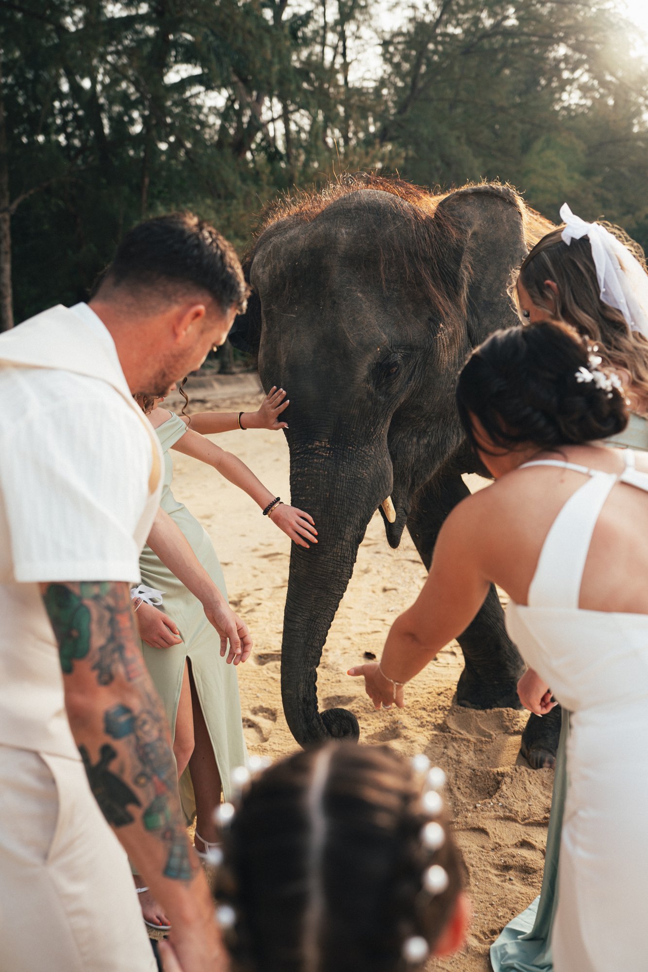 Jade in her wedding dress with pearls in her hair standing close to a young elephant on Hua Beach, one hand gently on its trunk