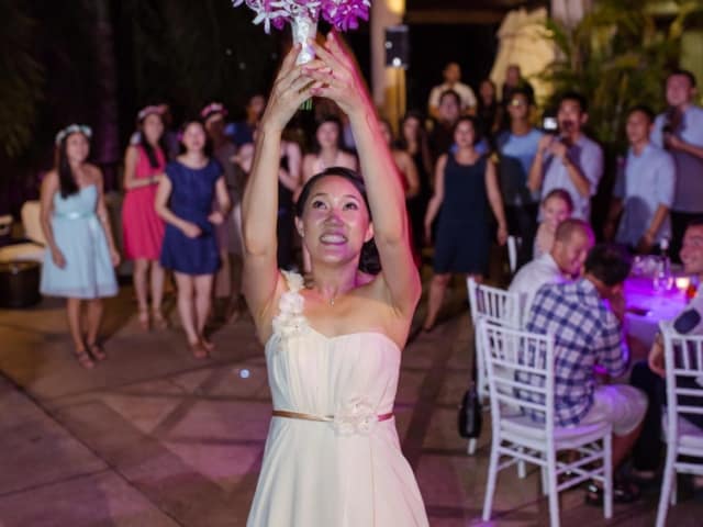 Bride throws Bouquet Phuket Thailand